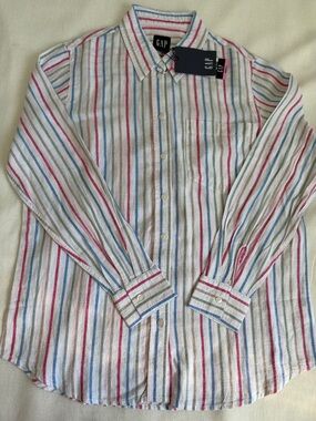 GAP Women’s Linen Blend White Button-Down Shirt with Blue,Green,Pink ,TanStripes